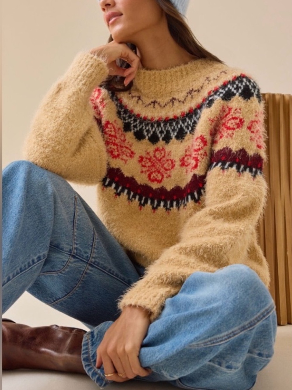 Altar'd State Beige Fair Isle Fuzzy Crewneck Sweater with Red & Black Accents